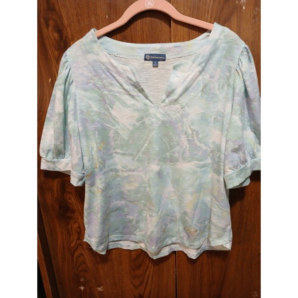 Democracy Women's Puff-Sleeve Printed Knit Top Marble Multi - Size L